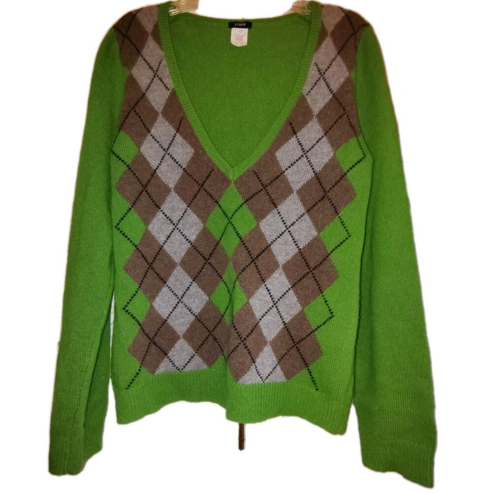 ​VTG J.Crew Holiday 2006 Argyle V-Neck Sweater Lime Green Merino Wool Blend M - Picture 2 of 12